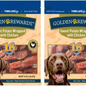 Dog chewing sweet potato wrapped chicken jerky treat