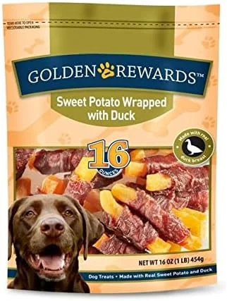 Golden Rewards sweet potato wrapped duck dog treats 16 oz bag