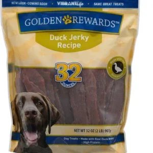 Golden Rewards duck jerky dog treats 32 oz resealable bag