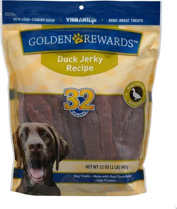 Golden Rewards duck jerky dog treats 32 oz resealable bag