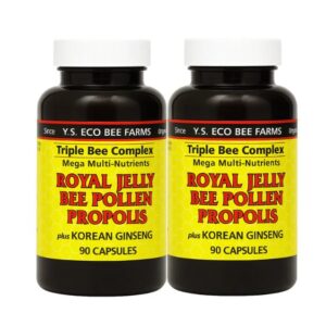 YS Eco Bee Farms Royal Jelly Bee Pollen Propolis Ginseng capsule bottles