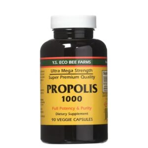 Close-up of natural raw bee propolis resin capsules