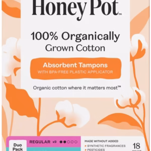 Organic cotton tampons duo pack bpa free applicator 18 count front packaging