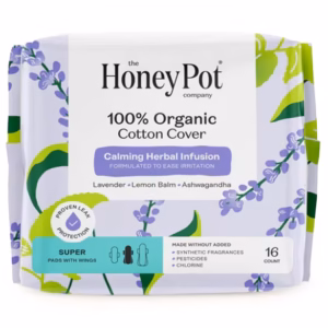 Organic cotton calming herbal super pads with wings 16 count package front view