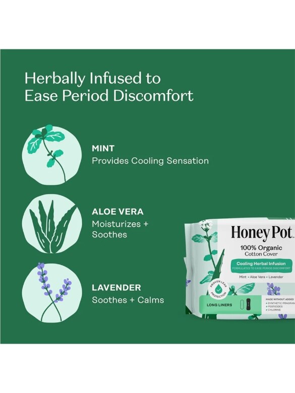 Back view of Cooling Herbal Infusion long panty liner packaging with ingredient list