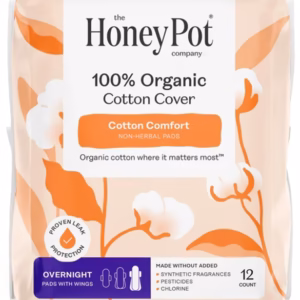 The Honey Pot Company 100% Organic Cotton Overnight Heavy Flow Pads with Wings, 12-count package front view