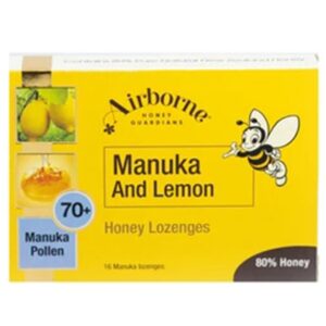 Manuka & Lemon Lozenges 70+ box front view by Airborne Honey
