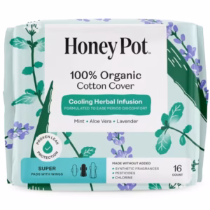 Cooling Herbal Infusion 100% Organic Cotton Super Pads with Wings – 16 Count Pack