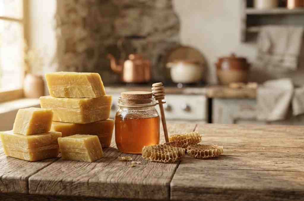 Blocks of pure beeswax on a wooden table showing where to buy beeswax for natural DIY projects