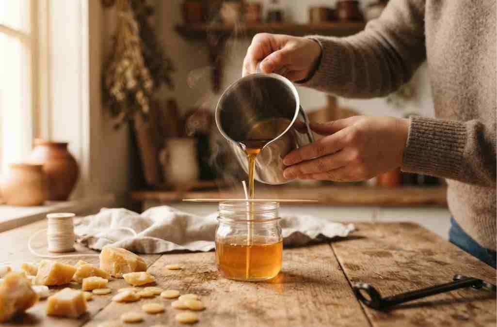 How to make beeswax candles by pouring melted wax into a glass jar with a centered wick