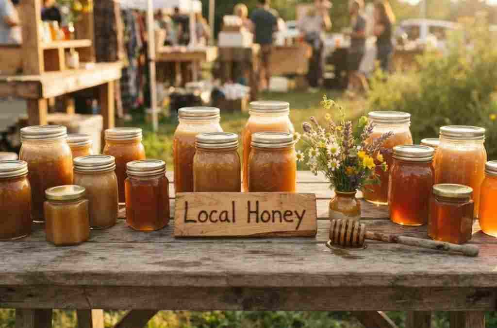 Jars of raw local honey for sale at a farmers market stall